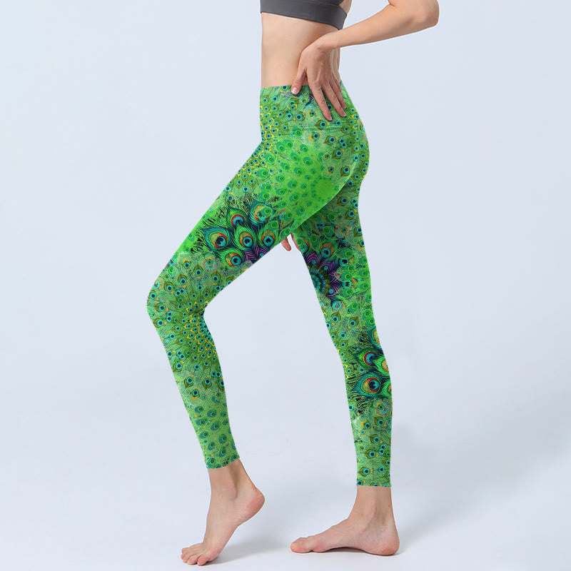 Leggings de yoga para mujer con estampado de plumas de cola de pavo real verde y Buddha Stones - image 3