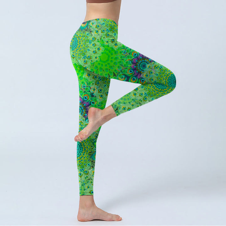 Leggings de yoga para mujer con estampado de plumas de cola de pavo real verde y Buddha Stones - image 5
