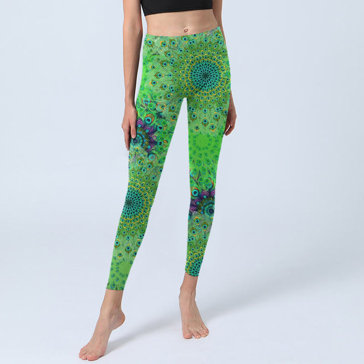 Leggings de yoga para mujer con estampado de plumas de cola de pavo real verde y Buddha Stones - image 6