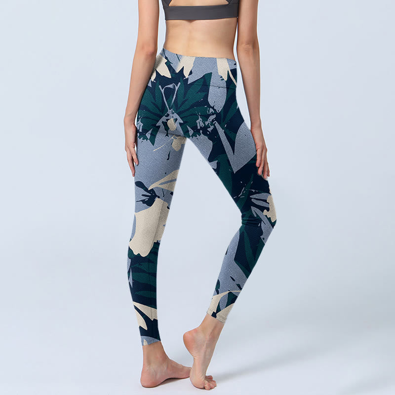 Leggings de yoga para mujer con estampado de hojas de plantas azules y Buddha Stones - image 4