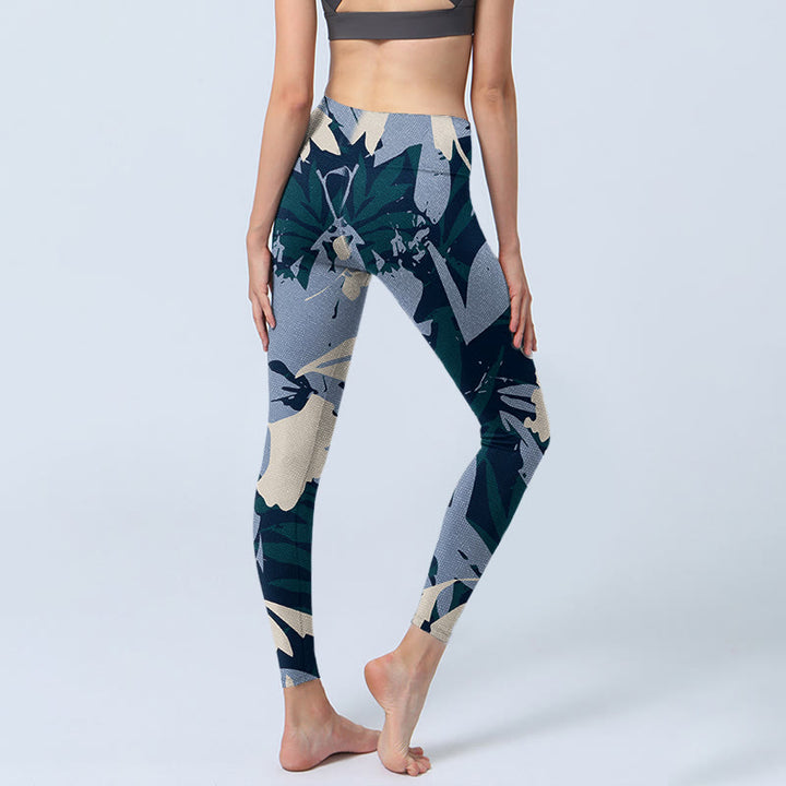 Leggings de yoga para mujer con estampado de hojas de plantas azules y Buddha Stones - image 4