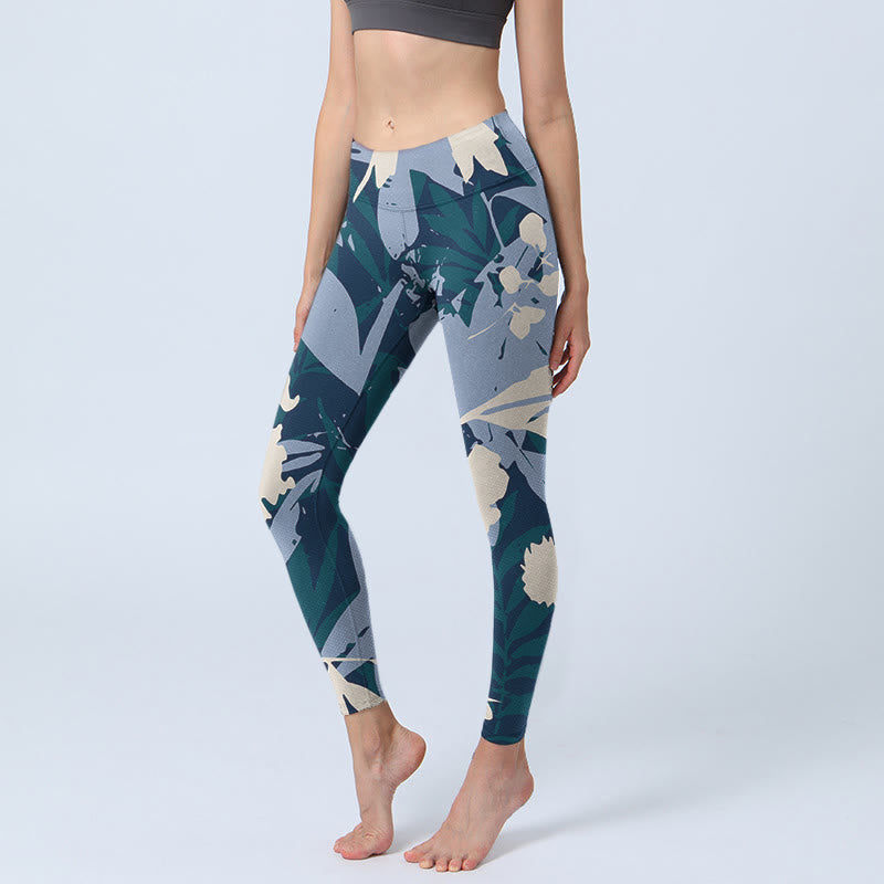 Leggings de yoga para mujer con estampado de hojas de plantas azules y Buddha Stones - Azul acero claro - US18,UK/AU22,EU50 (4XL) - image 1