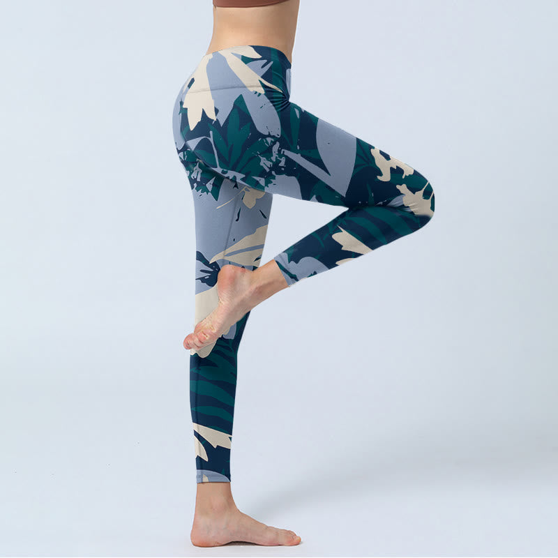 Leggings de yoga para mujer con estampado de hojas de plantas azules y Buddha Stones - image 5