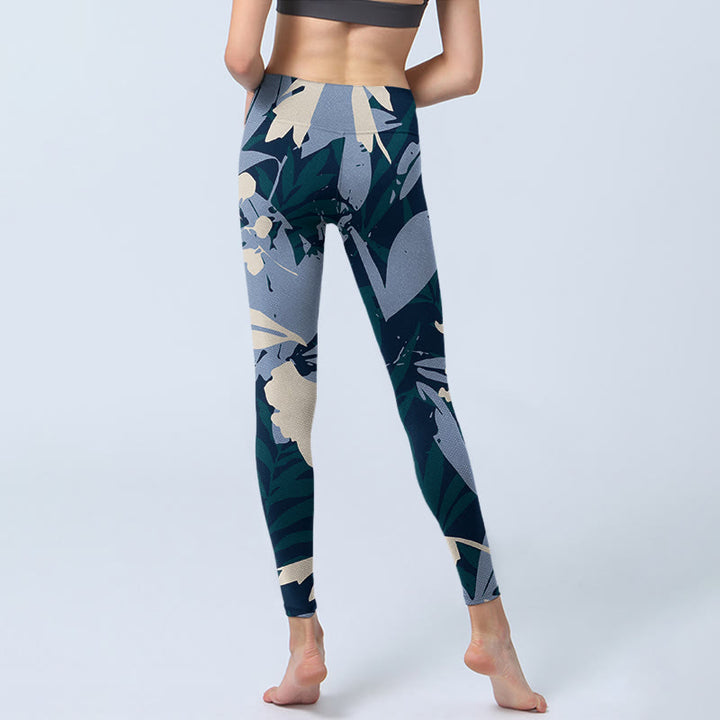 Leggings de yoga para mujer con estampado de hojas de plantas azules y Buddha Stones - image 7