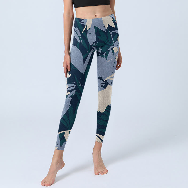 Leggings de yoga para mujer con estampado de hojas de plantas azules y Buddha Stones - image 6