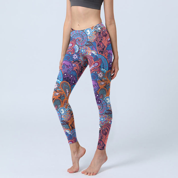 Leggings de yoga para mujer con estampado floral colorido y piedras de Buddha Stones y hierba rizada - Azul aciano - US18,UK/AU22,EU50 (4XL) - image 1