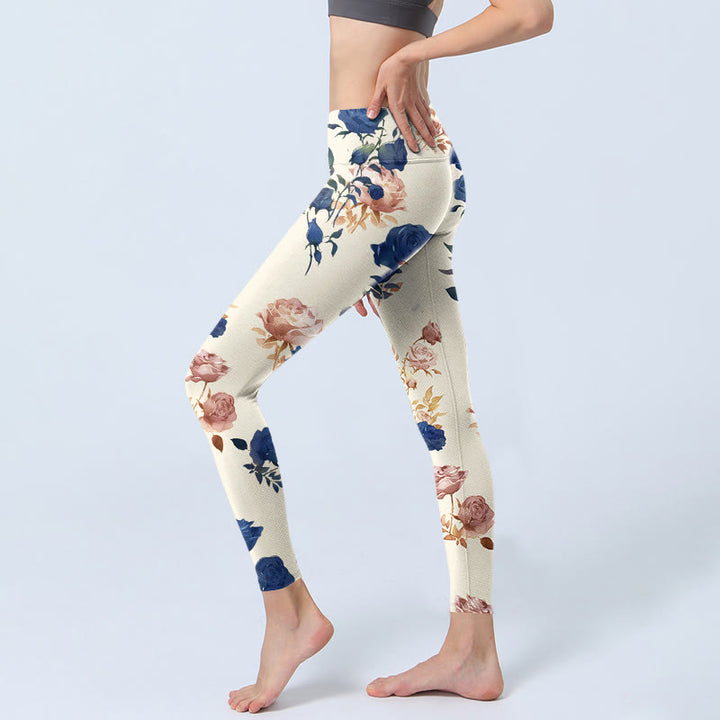 Leggings de yoga para mujer con estampado de hojas de rosas rojas y azules y Buddha Stones - image 3