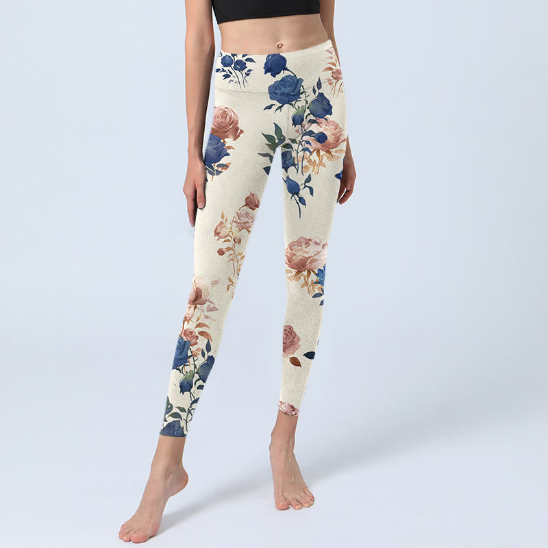 Leggings de yoga para mujer con estampado de hojas de rosas rojas y azules y Buddha Stones - image 6