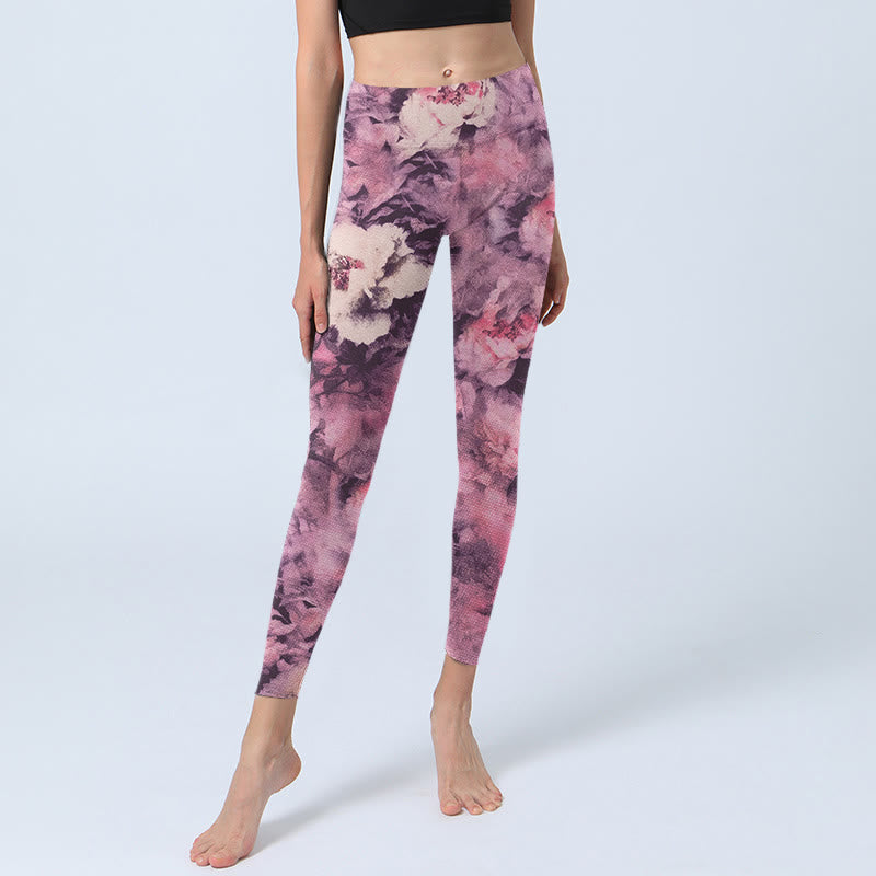 Leggings de yoga para mujer con estampado de flores de peonía morada y Buddha Stones - image 6