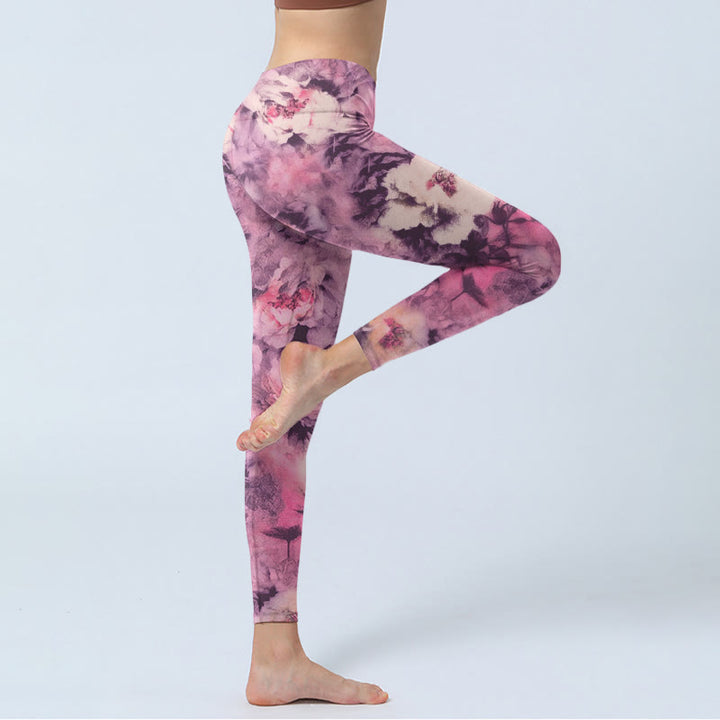 Leggings de yoga para mujer con estampado de flores de peonía morada y Buddha Stones - image 4