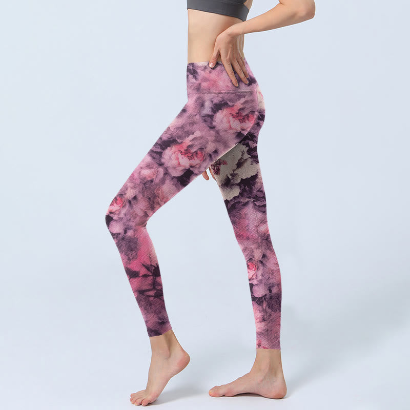 Leggings de yoga para mujer con estampado de flores de peonía morada y Buddha Stones - image 3