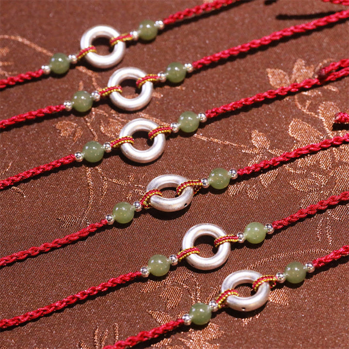 Pulsera de cuerda roja de la suerte hecha a mano con jade hetiano y hebilla de paz de plata esterlina 999 con Buddha Stones
