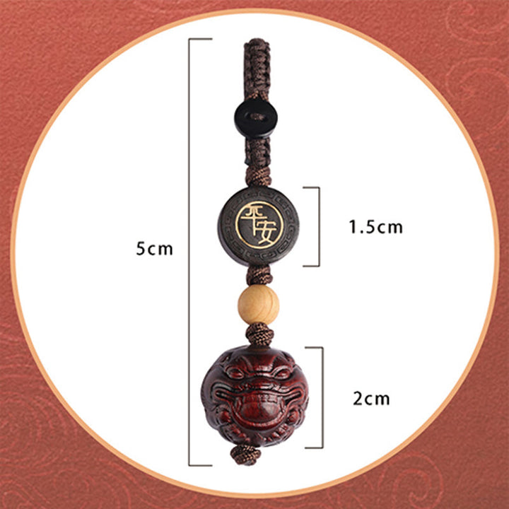 Llavero con protección de seguridad y bienestar de PiXiu con hojas pequeñas de sándalo rojo y Buddha Stones
