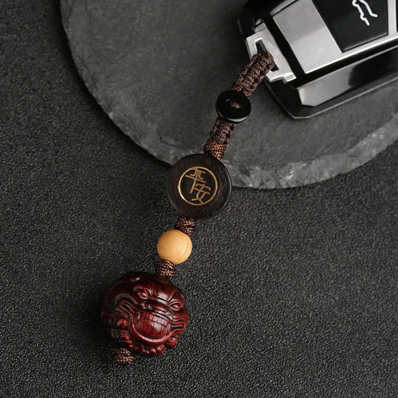 Llavero con protección de seguridad y bienestar de PiXiu con hojas pequeñas de sándalo rojo y Buddha Stones