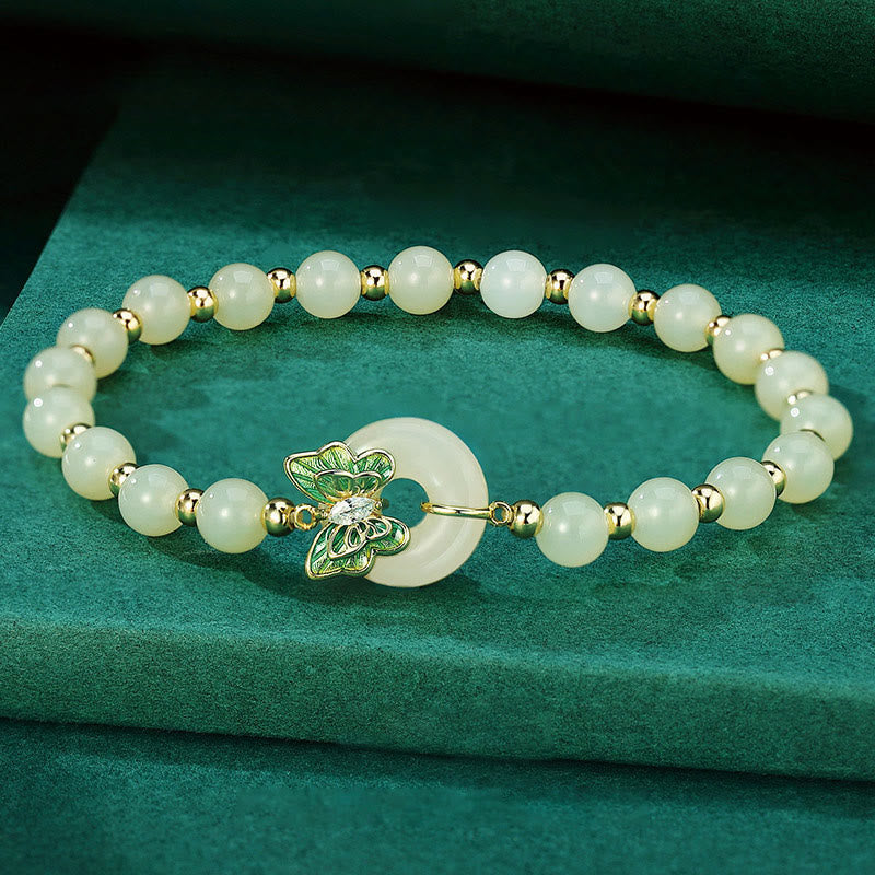 Pulsera con colgante de plata de ley 925 con Buddha Stones , jade hetiano natural, hebilla de la paz, mariposa, circonita, suerte - Pulsera de jade (circunferencia de muñeca: 14-17 cm) - image 0