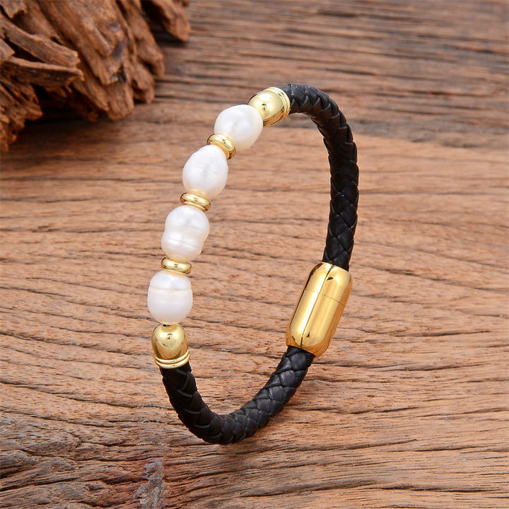 Pulsera de cuero y titanio con hebilla de acero hecha a mano con perlas de forma irregular y Buddha Stones