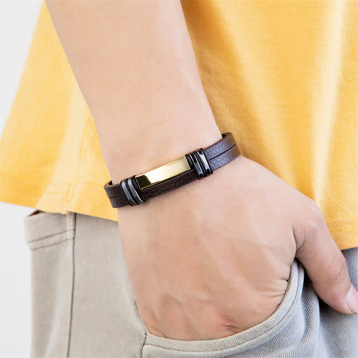 Pulsera de equilibrio con hebilla de acero y titanio y cuero marrón con Buddha Stones