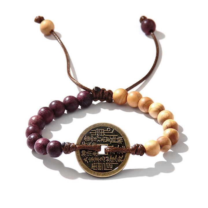 Pulsera de la paz con monedas de cobre, Bagua, Buddha Stones , madera de ébano, madera de wengué, fantasmas de las montañas, dinero gastado