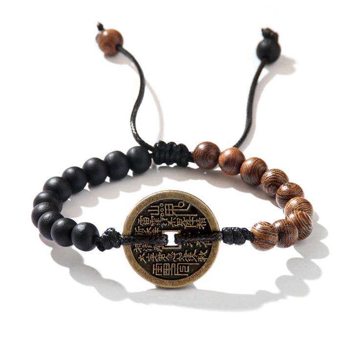 Pulsera de la paz con monedas de cobre, Bagua, Buddha Stones , madera de ébano, madera de wengué, fantasmas de las montañas, dinero gastado