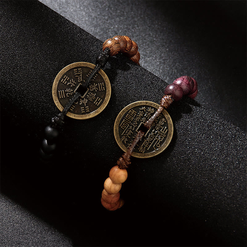 Pulsera de la paz con monedas de cobre, Bagua, Buddha Stones , madera de ébano, madera de wengué, fantasmas de las montañas, dinero gastado