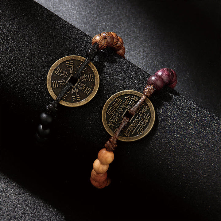 Pulsera de la paz con monedas de cobre, Bagua, Buddha Stones , madera de ébano, madera de wengué, fantasmas de las montañas, dinero gastado