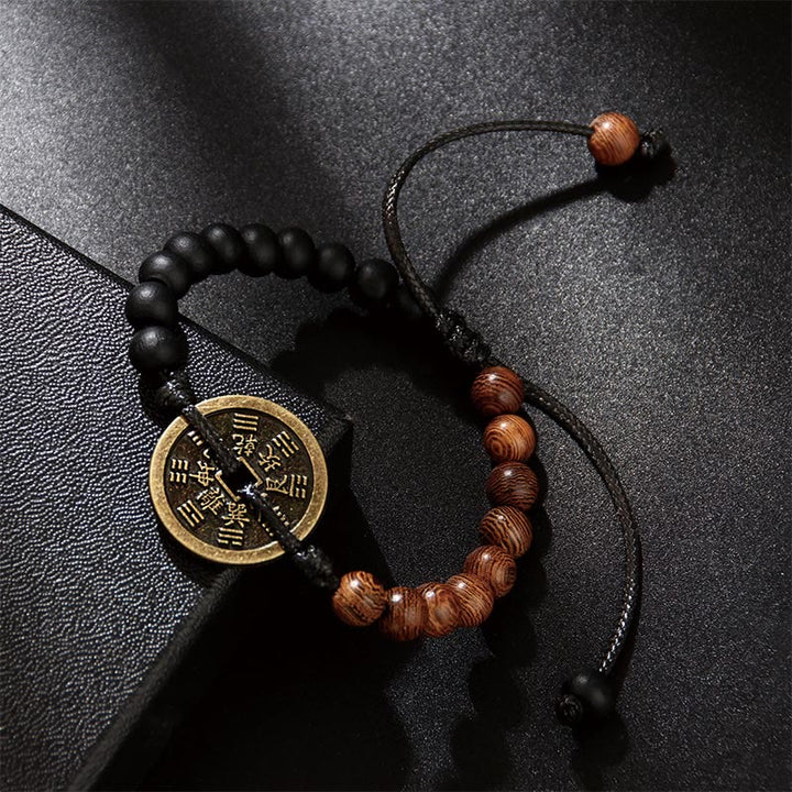 Pulsera de la paz con monedas de cobre, Bagua, Buddha Stones , madera de ébano, madera de wengué, fantasmas de las montañas, dinero gastado