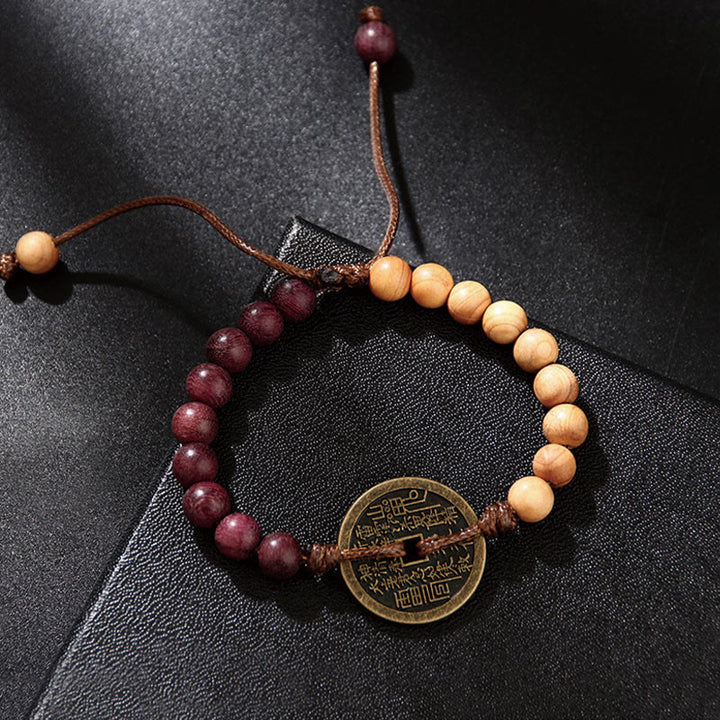 Pulsera de la paz con monedas de cobre, Bagua, Buddha Stones , madera de ébano, madera de wengué, fantasmas de las montañas, dinero gastado