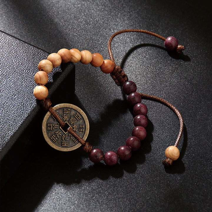 Pulsera de la paz con monedas de cobre, Bagua, Buddha Stones , madera de ébano, madera de wengué, fantasmas de las montañas, dinero gastado