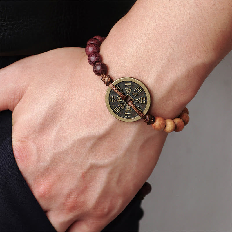 Pulsera de la paz con monedas de cobre, Bagua, Buddha Stones , madera de ébano, madera de wengué, fantasmas de las montañas, dinero gastado