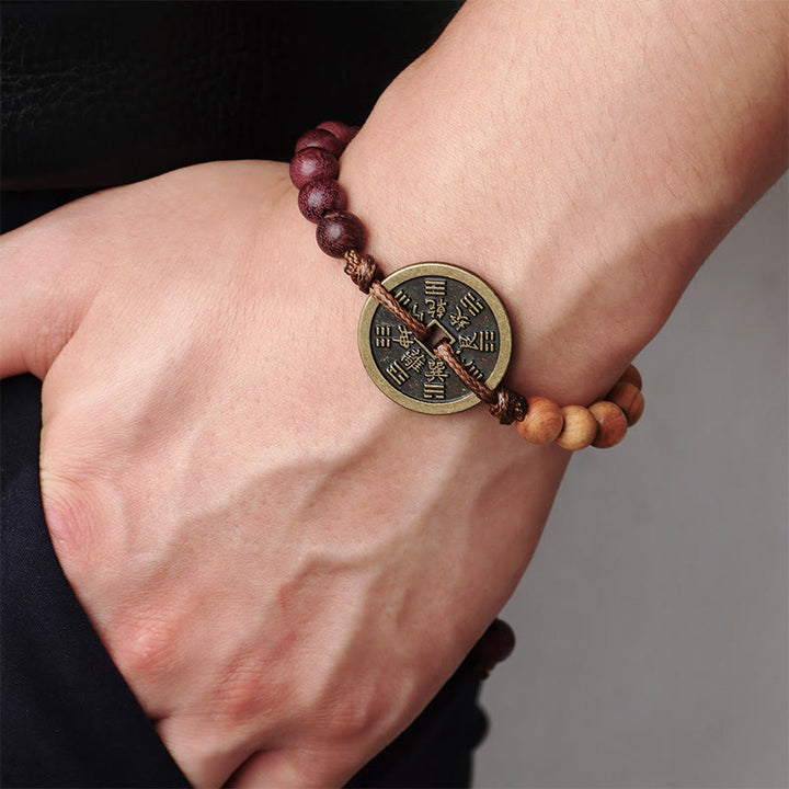Pulsera de la paz con monedas de cobre, Bagua, Buddha Stones , madera de ébano, madera de wengué, fantasmas de las montañas, dinero gastado