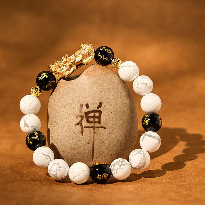 Pulsera de bendición con cuentas de Pixiu de ónix negro y turquesa blanca vintage con Buddha Stones