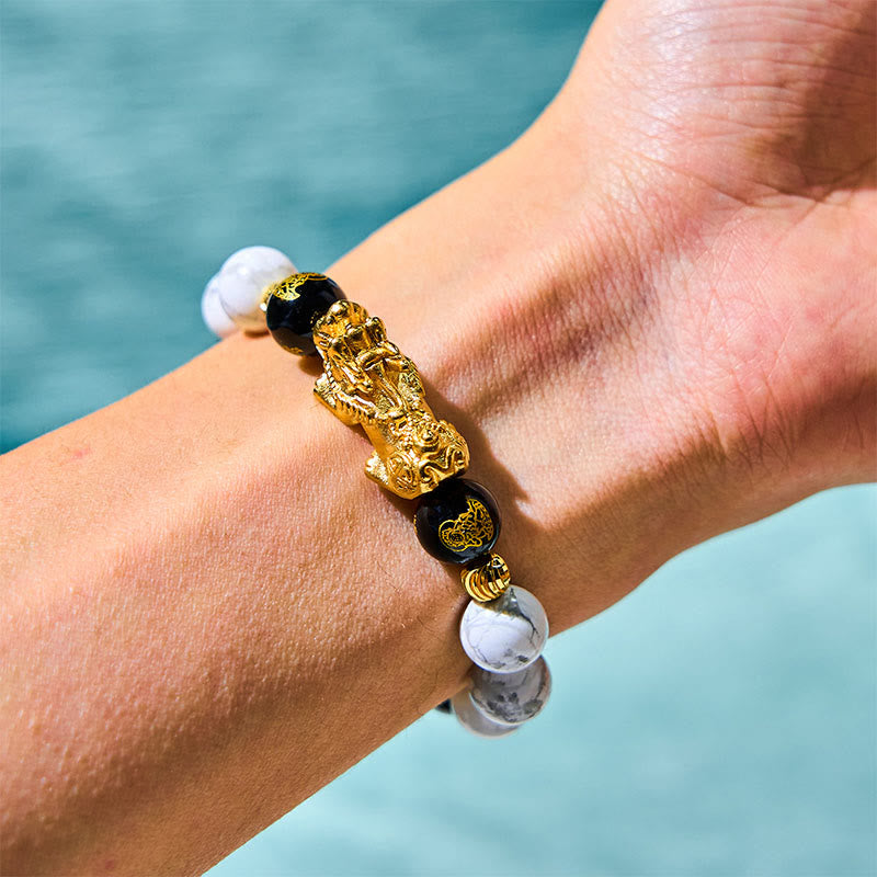Pulsera de bendición con cuentas de Pixiu de ónix negro y turquesa blanca vintage con Buddha Stones
