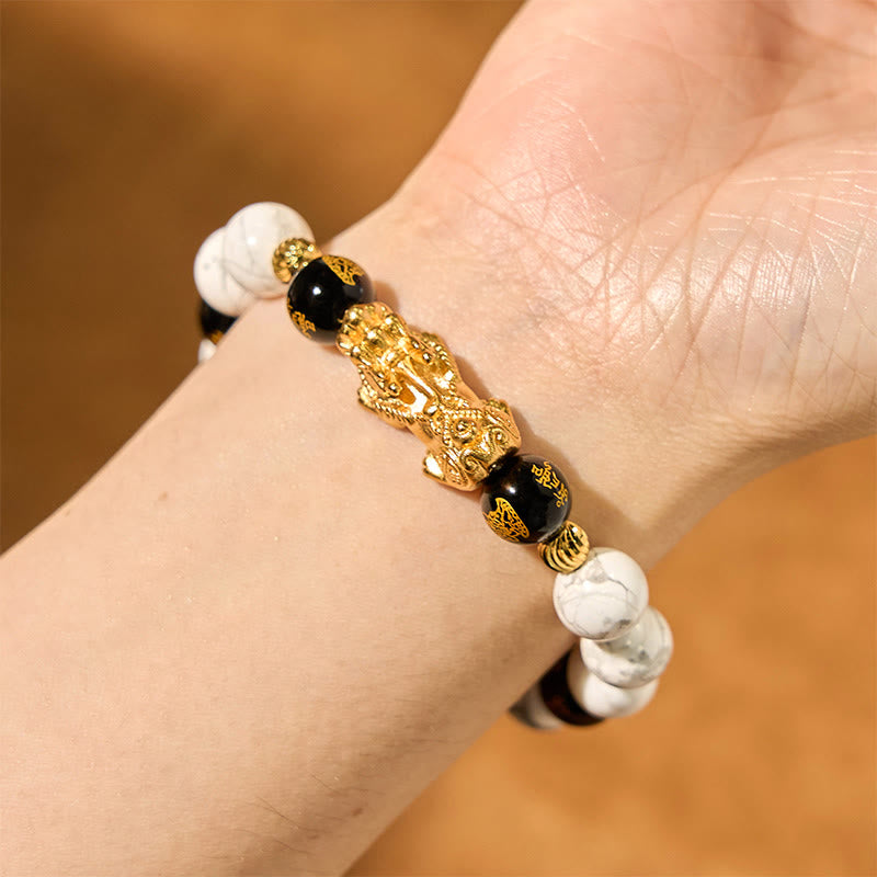 Pulsera de bendición con cuentas de Pixiu de ónix negro y turquesa blanca vintage con Buddha Stones