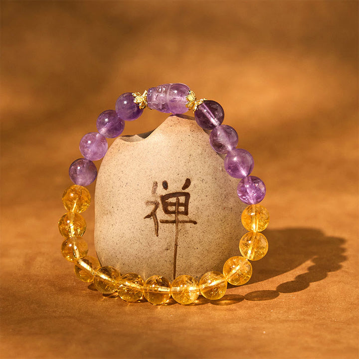 Pulsera de prosperidad de Pixiu con citrino y amatista y Buddha Stones
