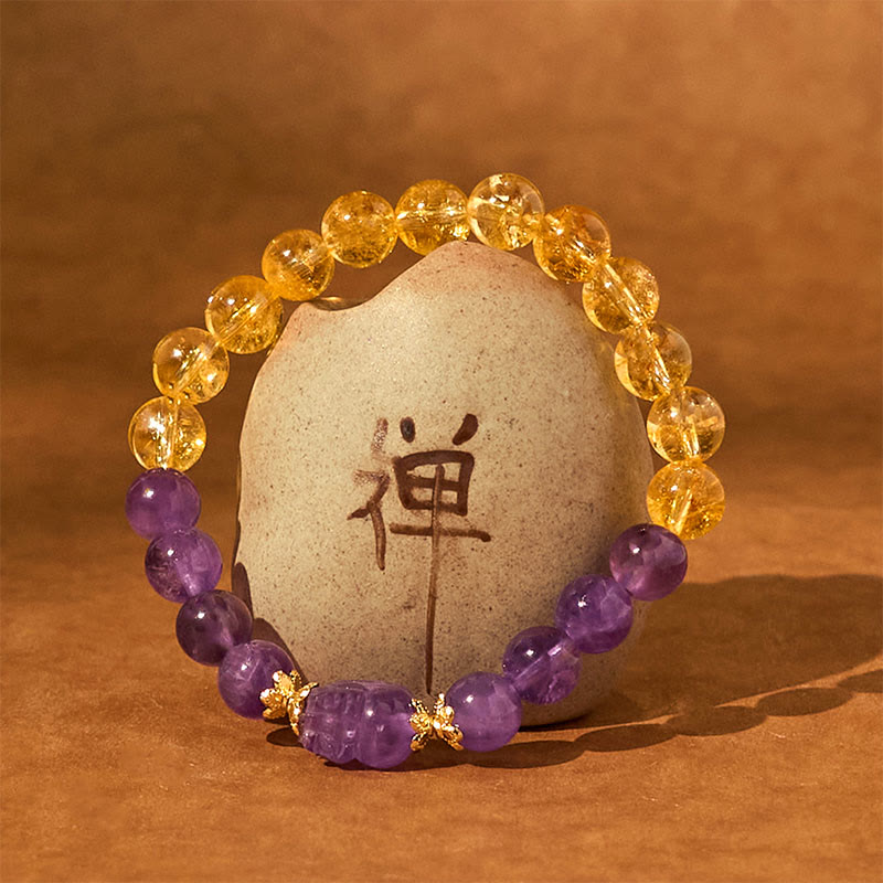 Pulsera de prosperidad de Pixiu con citrino y amatista y Buddha Stones