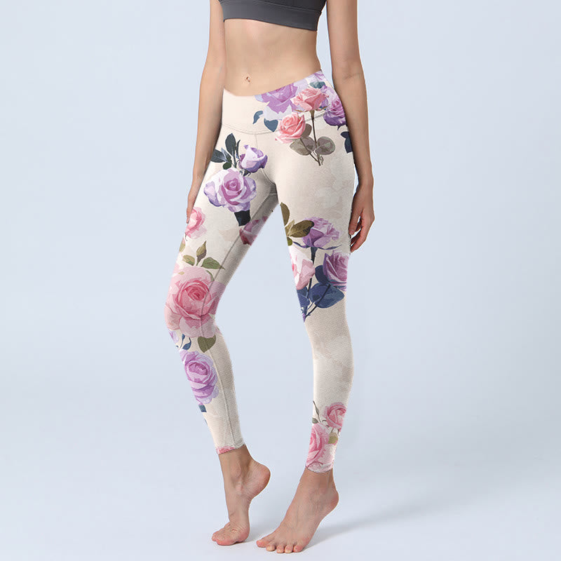 Leggings de yoga para mujer con estampado de flores rosas y Buddha Stones en color beige - Beige - US18,UK/AU22,EU50 (4XL) - image 1