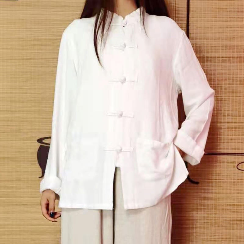 Camisas de mujer de lino y algodón de manga larga con botones de rana en color liso y bolsillos con Buddha Stones - image 2