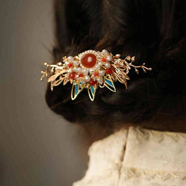 Horquilla para el pelo con forma de flor de estilo chino clásico con forma de mariposa y borlas de perlas y piedras de Buddha Stones