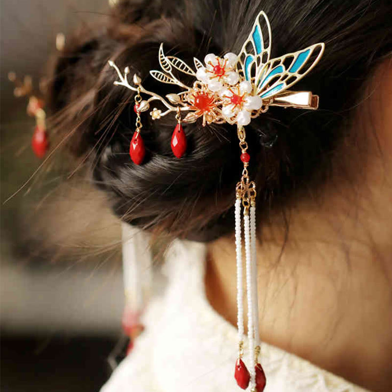 Horquilla para el pelo con forma de flor de estilo chino clásico con forma de mariposa y borlas de perlas y piedras de Buddha Stones