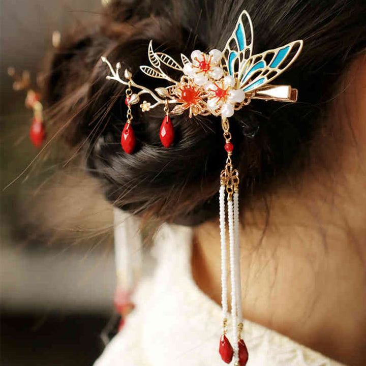 Horquilla para el pelo con forma de flor de estilo chino clásico con forma de mariposa y borlas de perlas y piedras de Buddha Stones