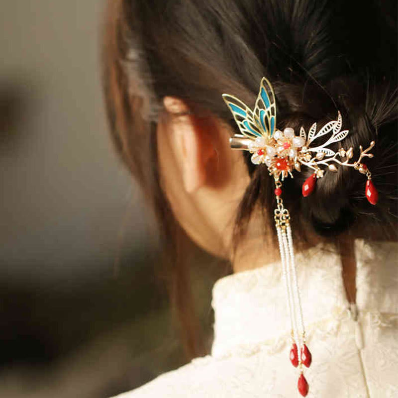 Horquilla para el pelo con forma de flor de estilo chino clásico con forma de mariposa y borlas de perlas y piedras de Buddha Stones
