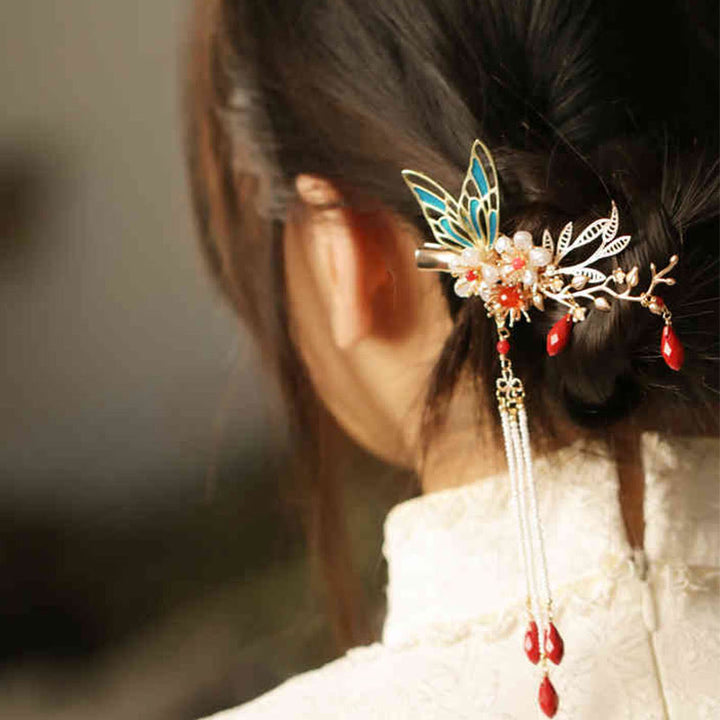 Horquilla para el pelo con forma de flor de estilo chino clásico con forma de mariposa y borlas de perlas y piedras de Buddha Stones