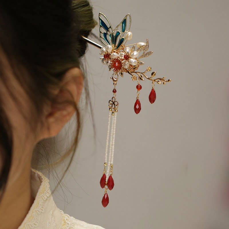 Horquilla para el pelo con forma de flor de estilo chino clásico con forma de mariposa y borlas de perlas y piedras de Buddha Stones