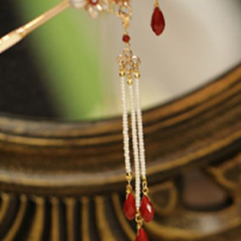 Horquilla para el pelo con forma de flor de estilo chino clásico con forma de mariposa y borlas de perlas y piedras de Buddha Stones