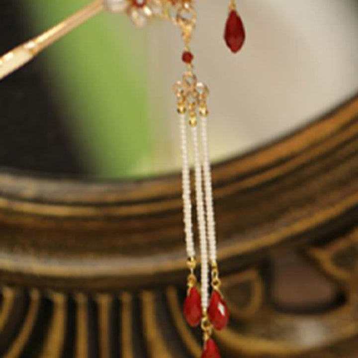 Horquilla para el pelo con forma de flor de estilo chino clásico con forma de mariposa y borlas de perlas y piedras de Buddha Stones