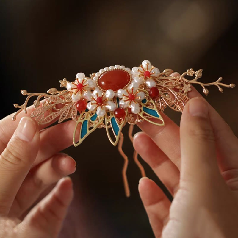 Horquilla para el pelo con forma de flor de estilo chino clásico con forma de mariposa y borlas de perlas y piedras de Buddha Stones