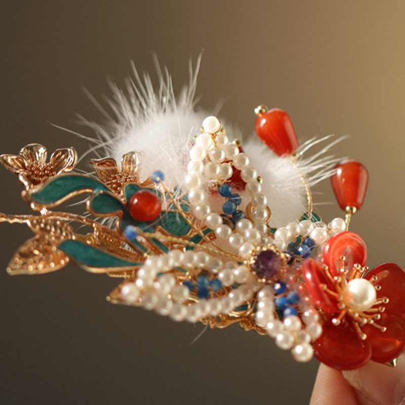 Pinza para el pelo con diseño clásico chino de Buddha Stones , flor roja, mariposa y perla