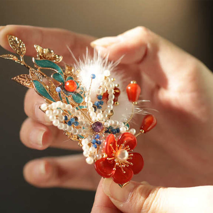 Pinza para el pelo con diseño clásico chino de Buddha Stones , flor roja, mariposa y perla