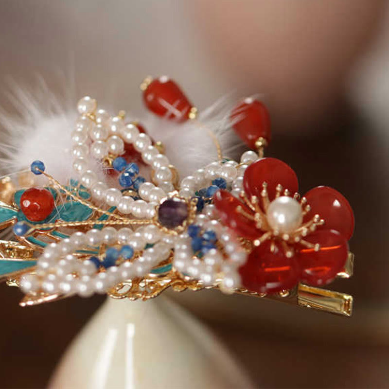 Pinza para el pelo con diseño clásico chino de Buddha Stones , flor roja, mariposa y perla