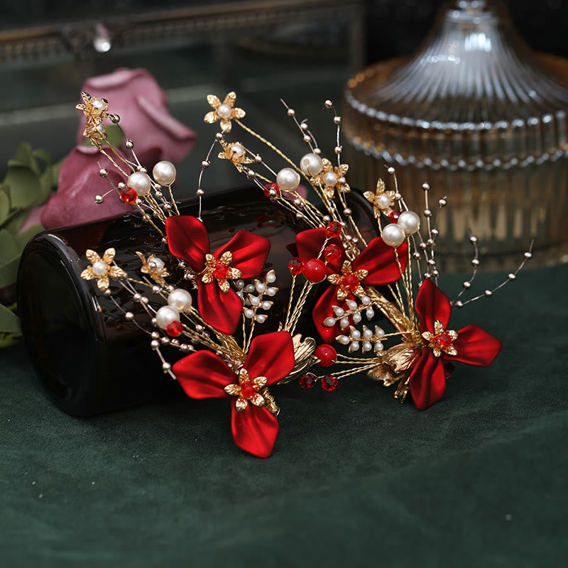 Juego de pinzas para el pelo con perlas y flores rojas para novias chinas con Buddha Stones